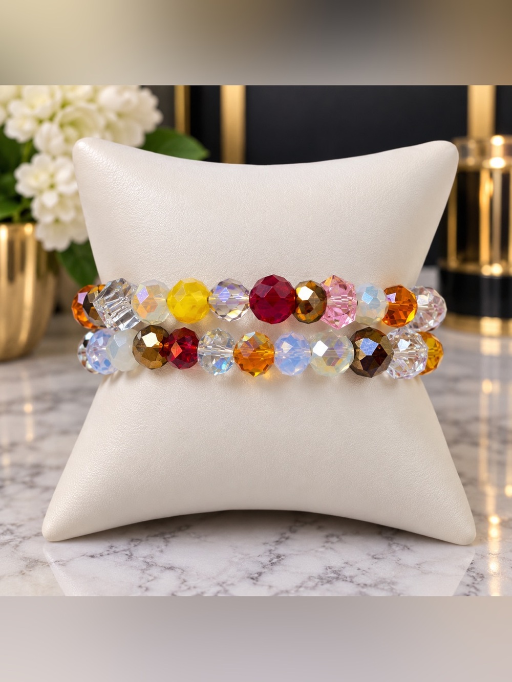 Multicolor Faceted Crystal Stretch Bracelet Set - Sparkling Women’s Jewelry